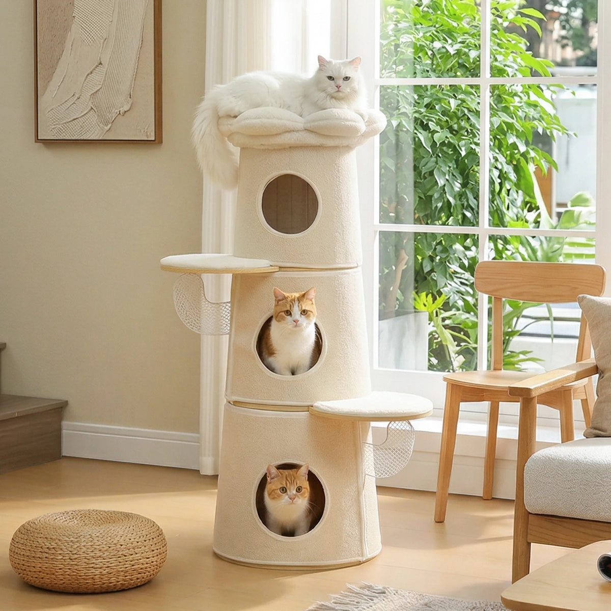 Modern Cat Tree with 3 Large Condos Aesthetic Cat Tower with Flower Perch Metal Frame Full-Wrap Scratching Pad Multi-Level Cat Bed House Wood Cat Furniture for Indoor Cats