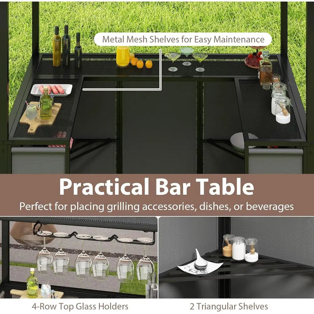 3 Piece Patio Bar Set, Grill Gazebo & 2 oldable Bar Stools with Awning, Metal Storage Shelves, Glass Holders, Double-Tier Outdoo