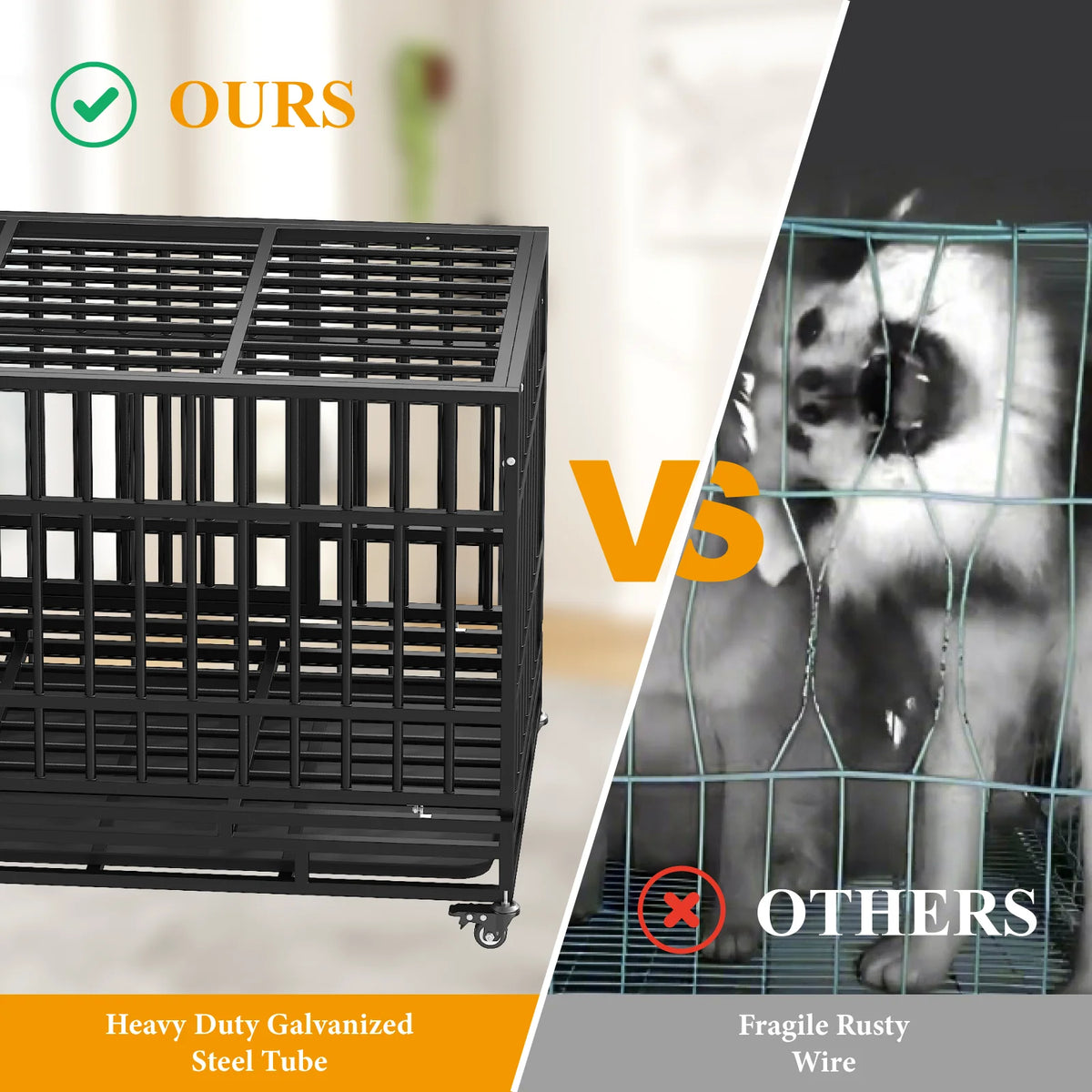 48" Heavy Duty Dog Crate, Escape-Proof Steel Cage for High Anxiety Dogs with Double Doors, Lockable Wheels & Removable Tray, Indoor Outdoor