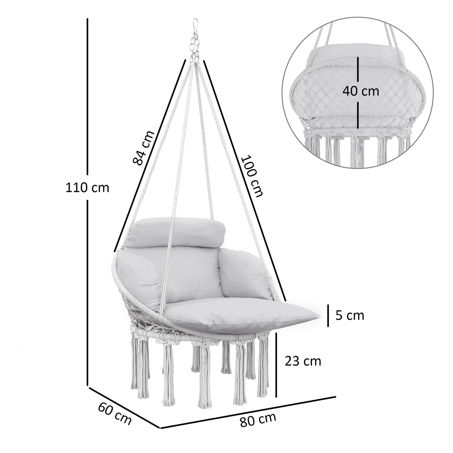 Hanging Hammock Chair with Cushion, Macrame Swing Chair, Gray