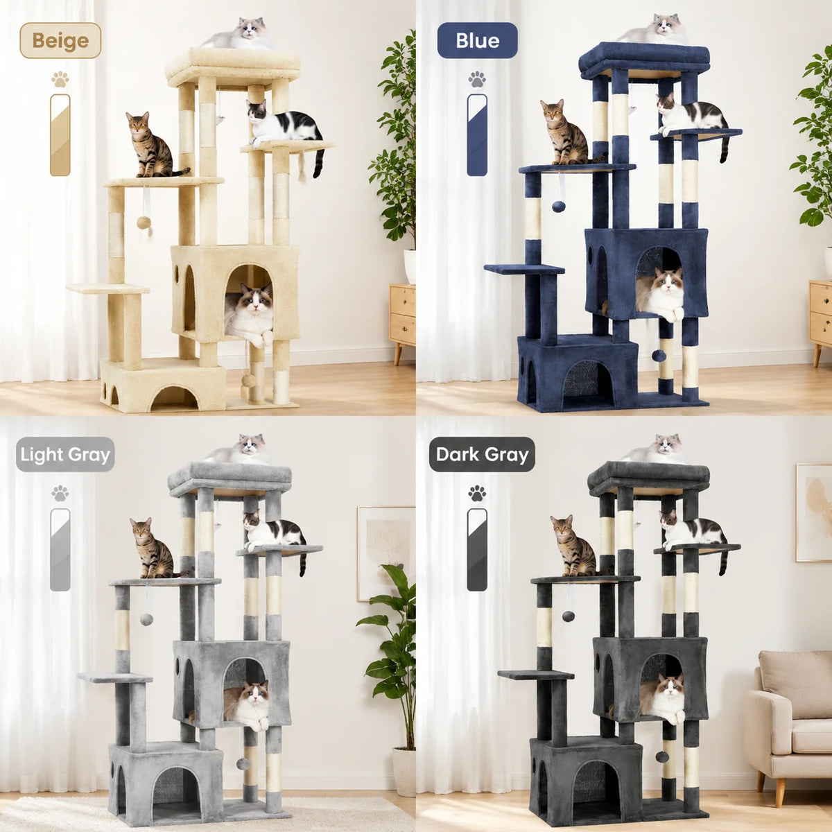 61 Inch Large Cat Tree Tower with 7 Scratching Posts 2 Cat Condos Top Perch Multi Level Cat Climbing Tree Furniture with Hanging Toys Anti Toppling Design for Indoor Cats Multi Cat Homes