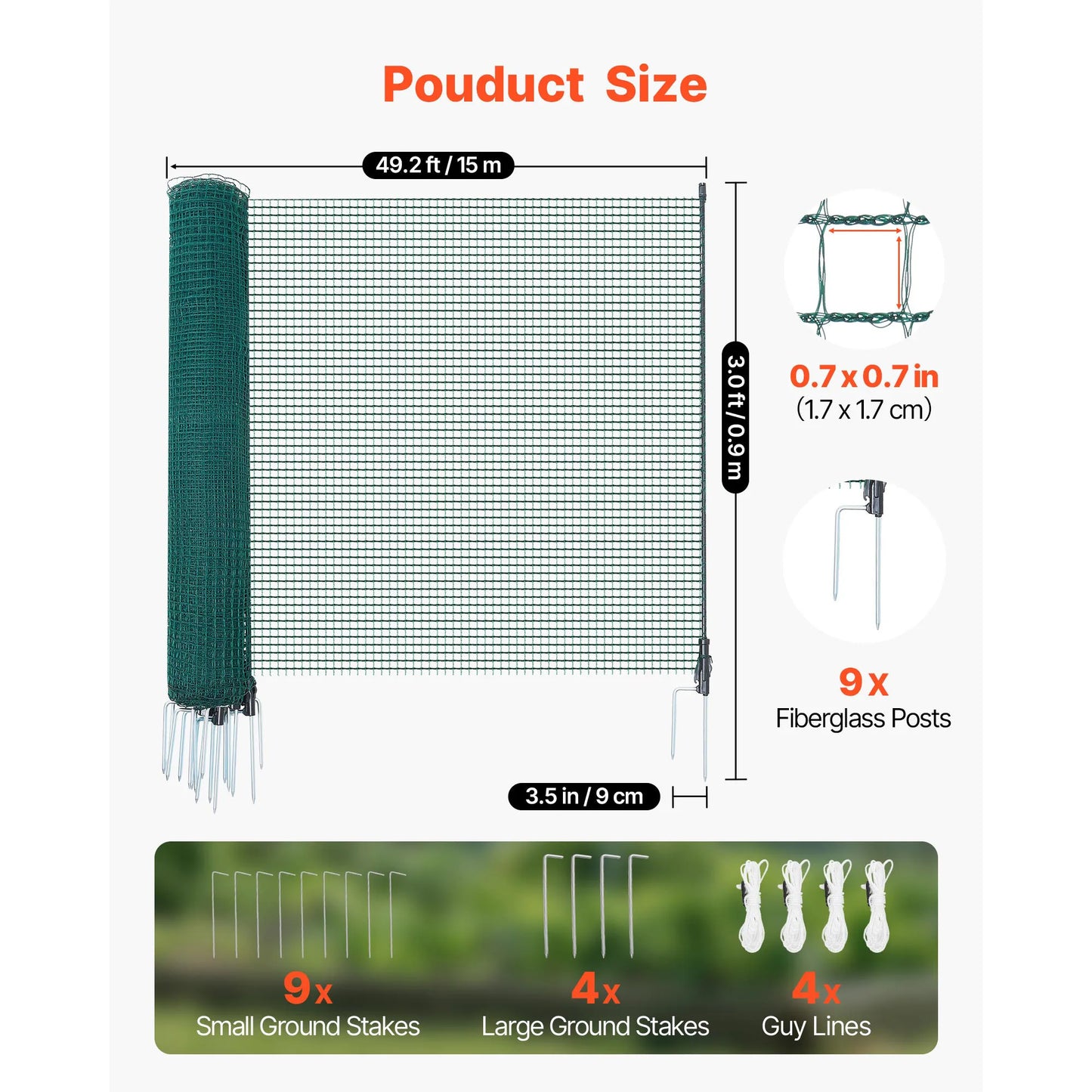 SucceBuy Temporary Fence with Posts Plastic Mesh Fencing with Double-Spike Stakes & Guy Ropes Temporary Dogs Fence Outdoor Yards