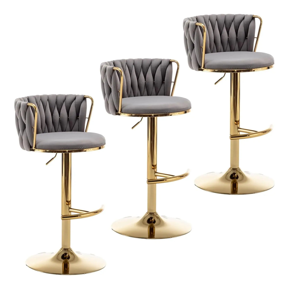 Mid Century Velvet Swivel Bar Stools With Woven Backrest and Support