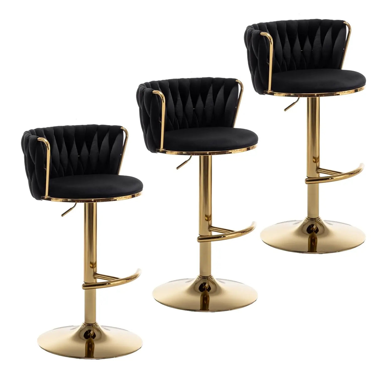 Mid Century Velvet Swivel Bar Stools With Woven Backrest and Support