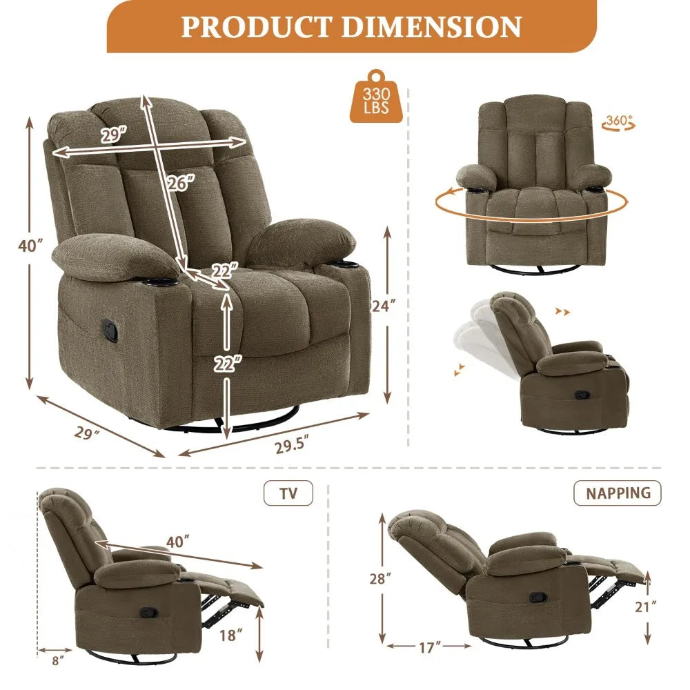 Swivel Rocker Recliner Chair for Adults – Manual Glider Sofa with Massage, Heat & Vibration, 360° Rocking , Customized