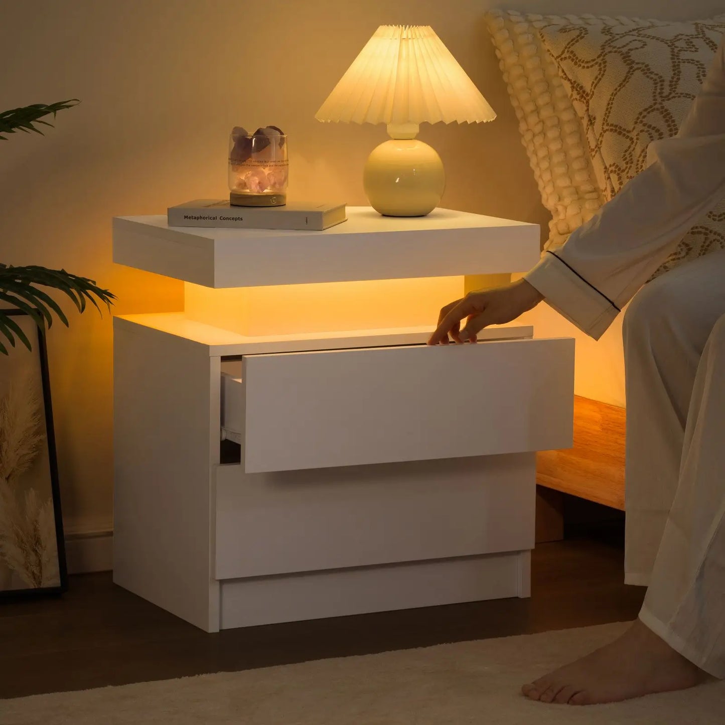 Cubehom White LED Nightstand With 2 Drawers And RGB Lights