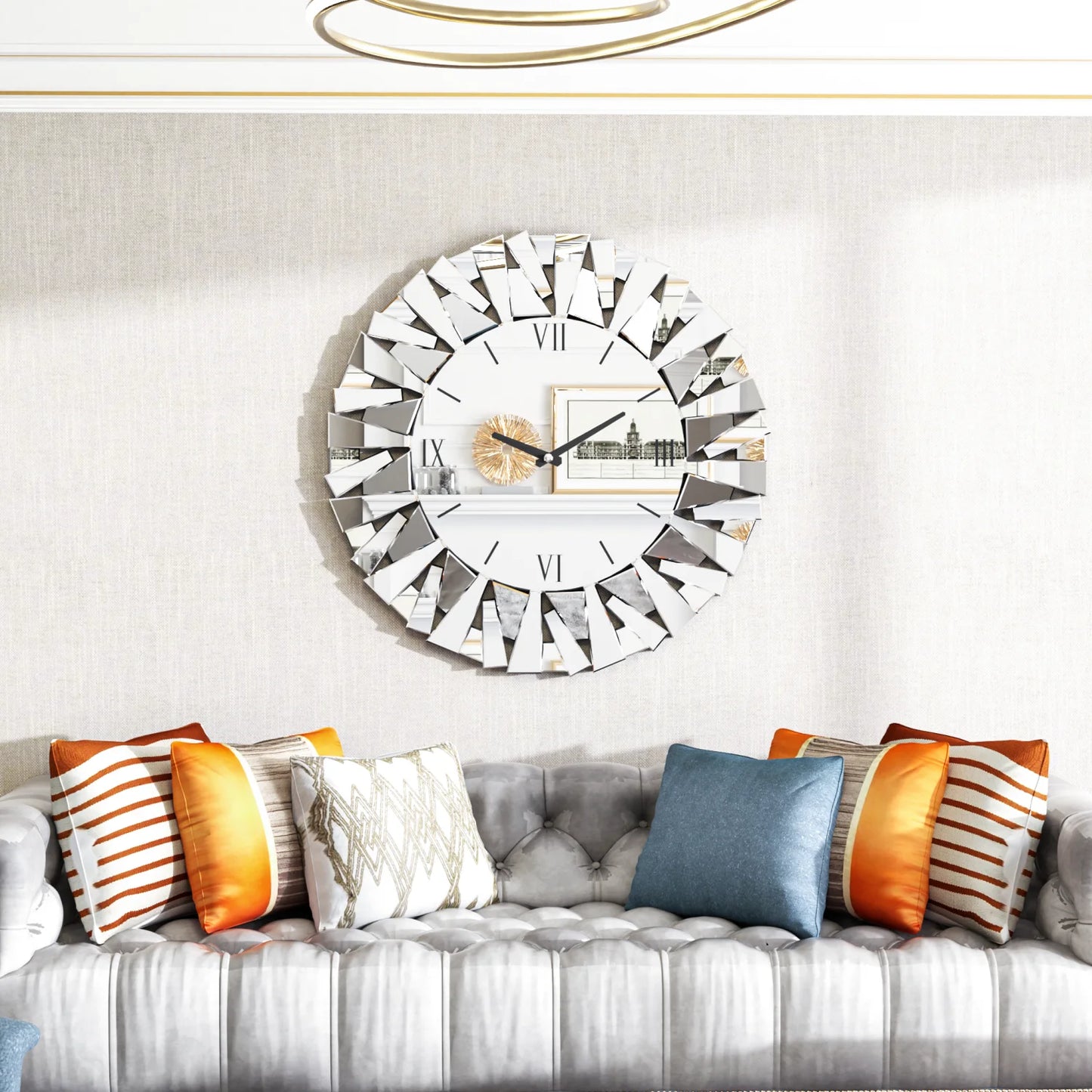 80CM Large Wall Clock for Living Room Bedroom Fireplaces Decor Round Beveled Glass Edge Mirrored Wall Clock Silent Movement