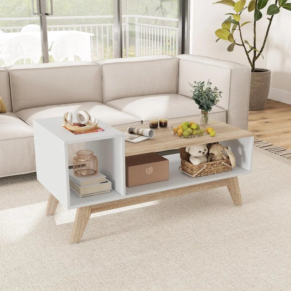 2-Tier Coffee Table with Storage, Mid Century Modern Center Table, Geometric Living Room Table for Small Space Apartment