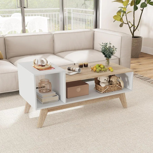 2-Tier Coffee Table with Storage, Mid Century Modern Center Table, Geometric Living Room Table for Small Space Apartment