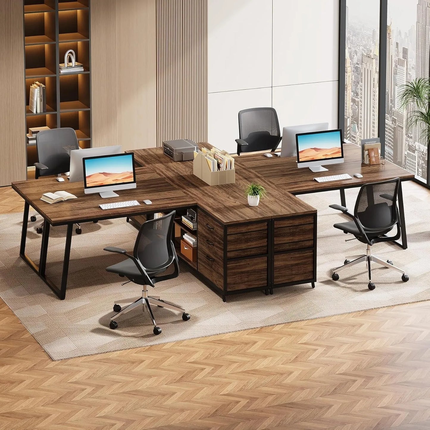 Little Tree L Shaped Office Desk With 3 File Drawers And 2 Storage Shelves