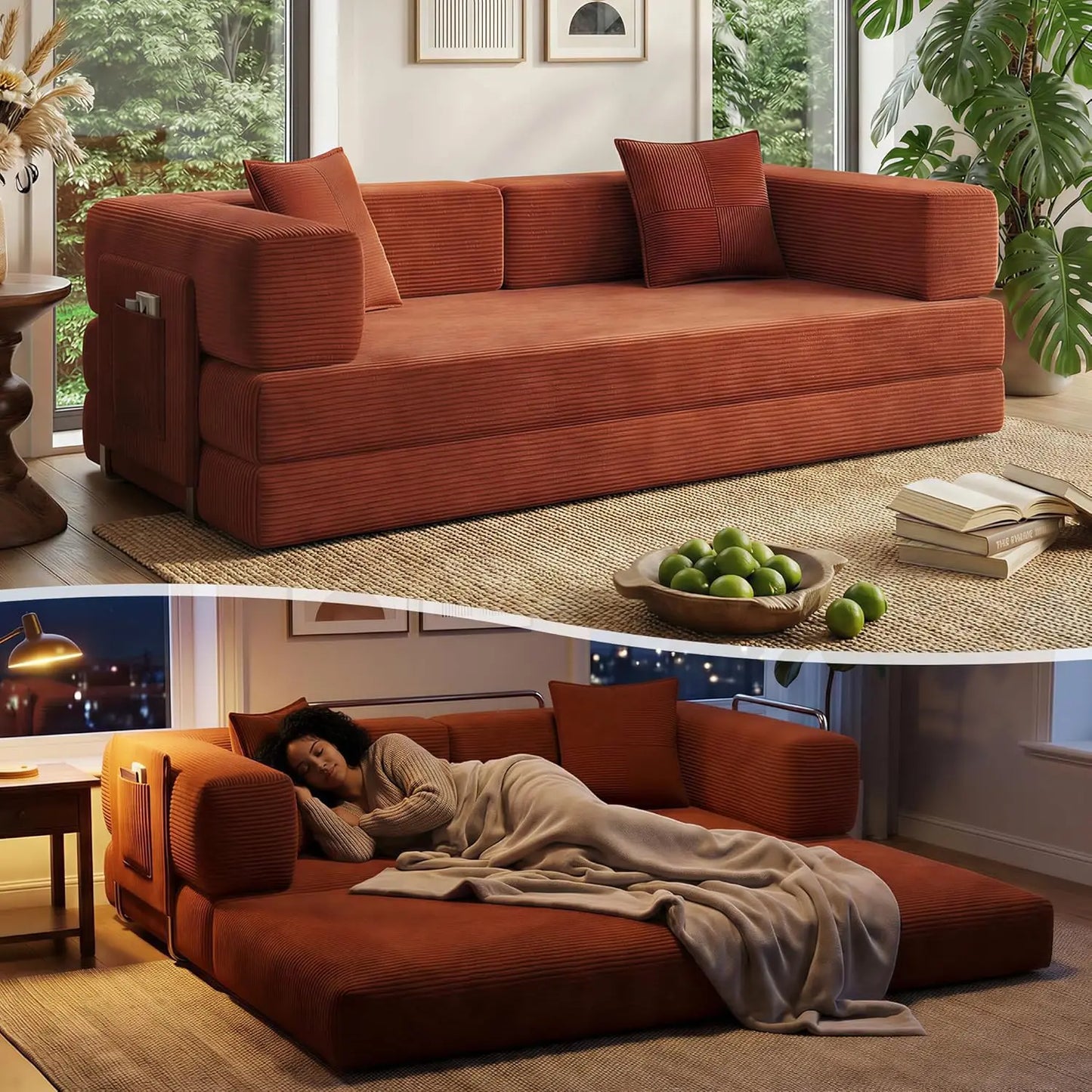 78.8" Convertible Sofa Bed with Armrest Pillow, 4-in-1 Sleeper Couch Bed for Livingroom, Modular Corduroy Boneless, Customized