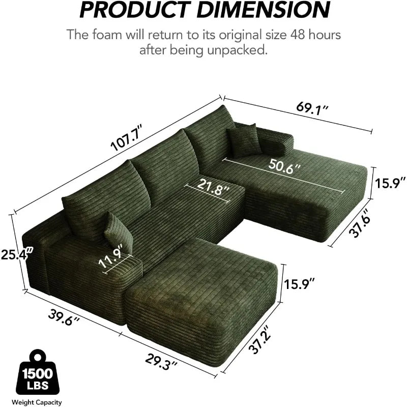Sectional Sofa Modern Modular U Shape Corduroy Couch Living Room