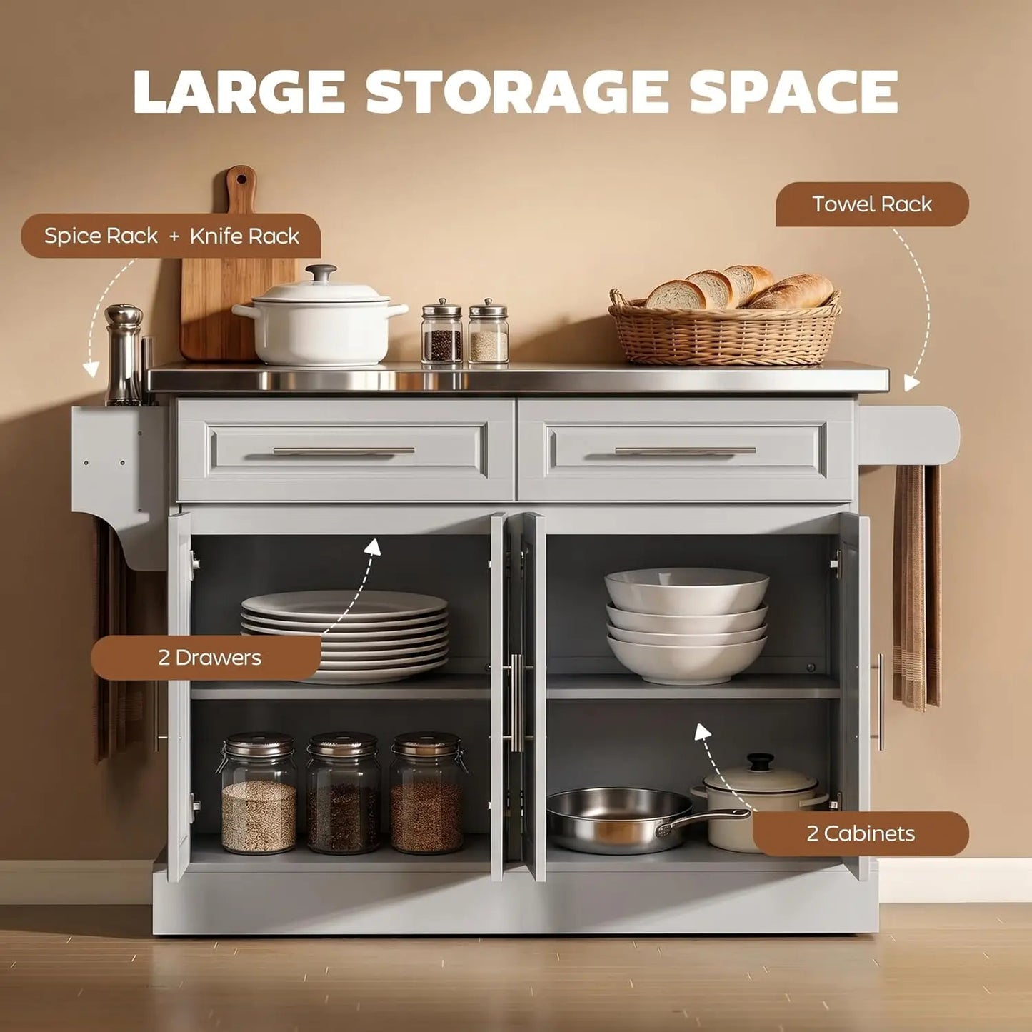 Rolling Kitchen Island Cart 47" Stainless Steel Top, Portable Table with Wheels Adjustable Shelves 2 Drawers Spice Knife Towel R