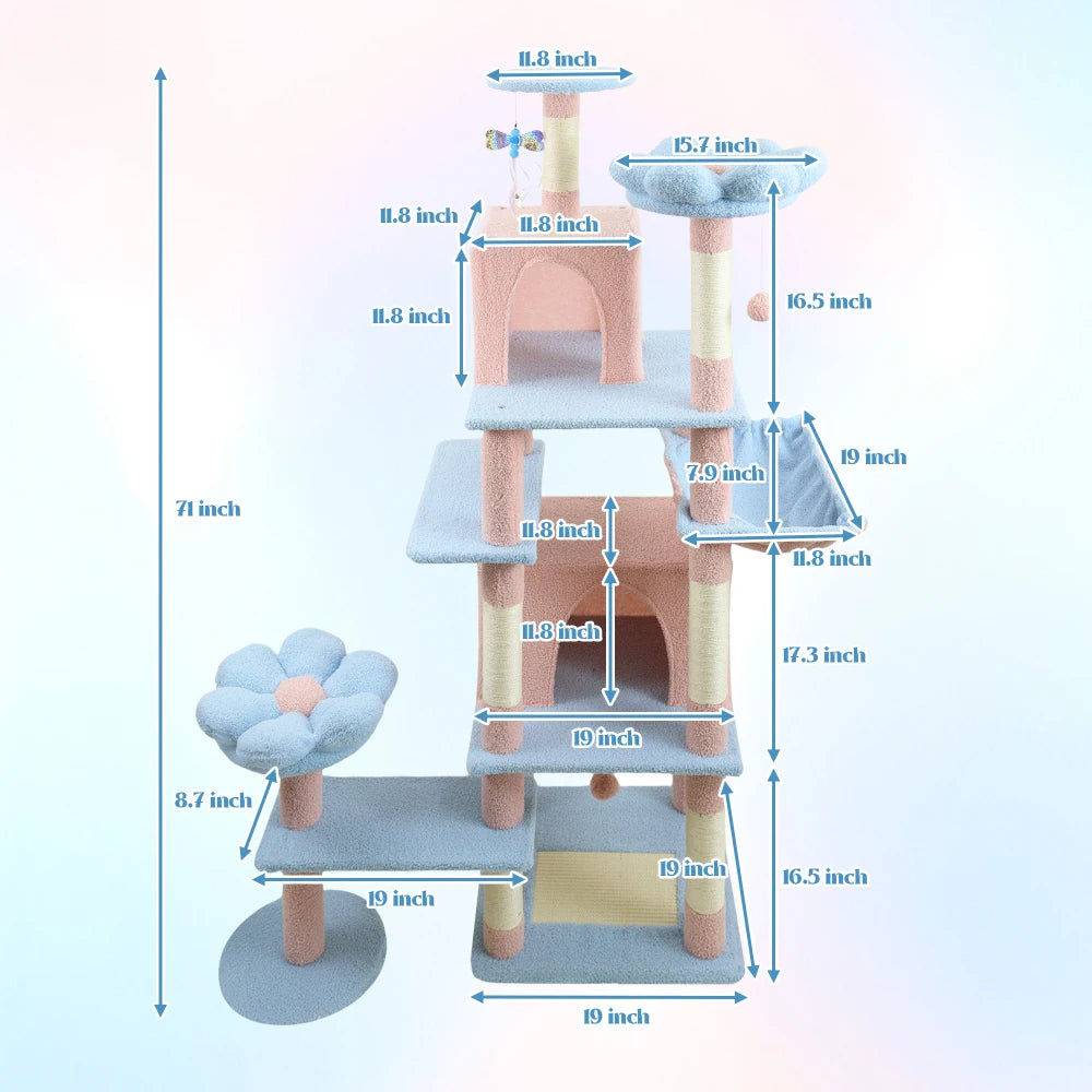 71 Inch Flower Cat Tree, Multi Level Cat Tower Indoor Cats with Large Condo, Removable Flower Cushion, Soft Hammock Pet Products