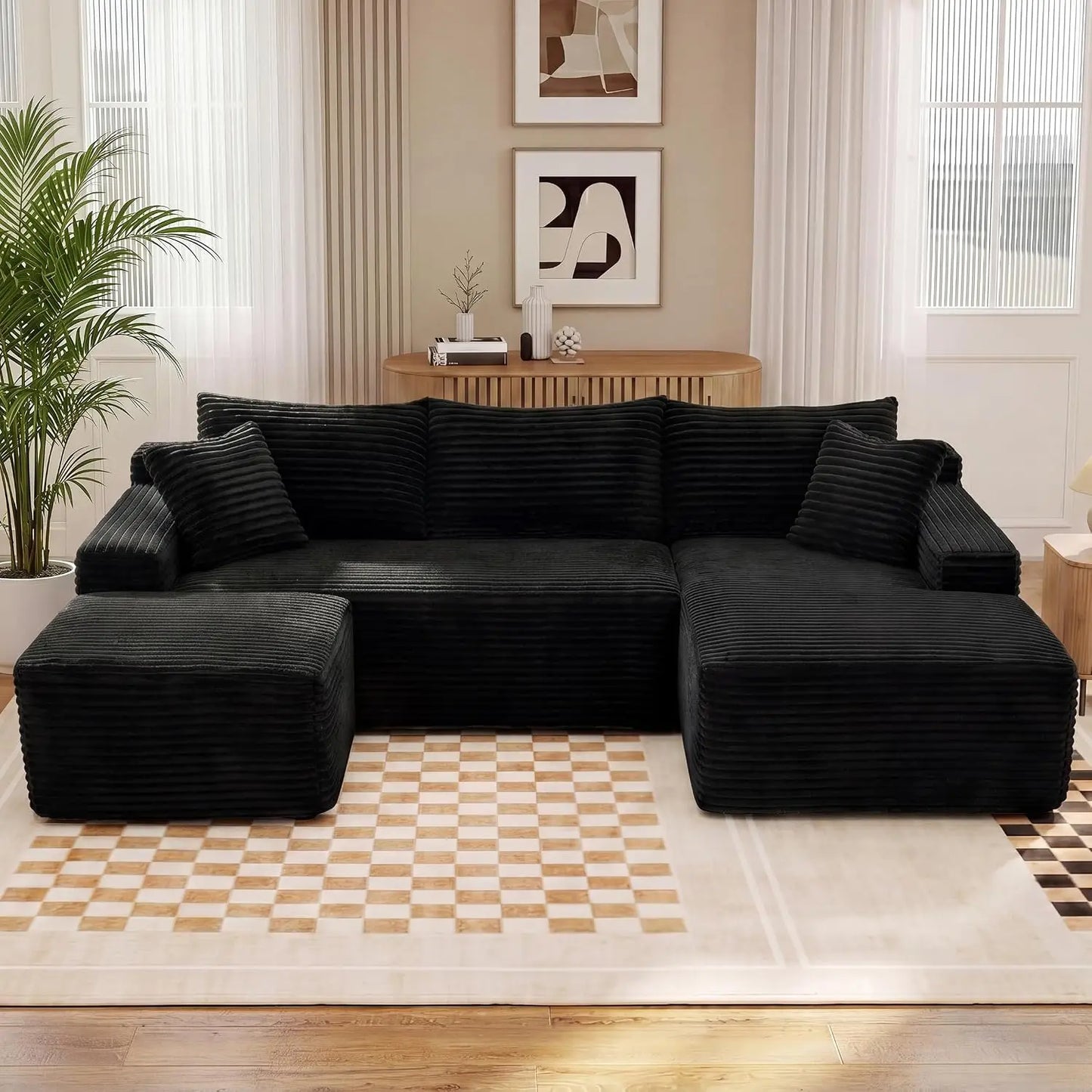 Modular Corduroy Sectional Sofa With Ottoman And Sleeper Design