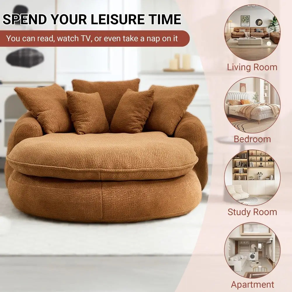 Oversized Round Chair, Giant Bean Bag Couch Chairs for Adults, Fluffy Chenille Boneless Couch Circle Bed with 5 Pillows, Extra