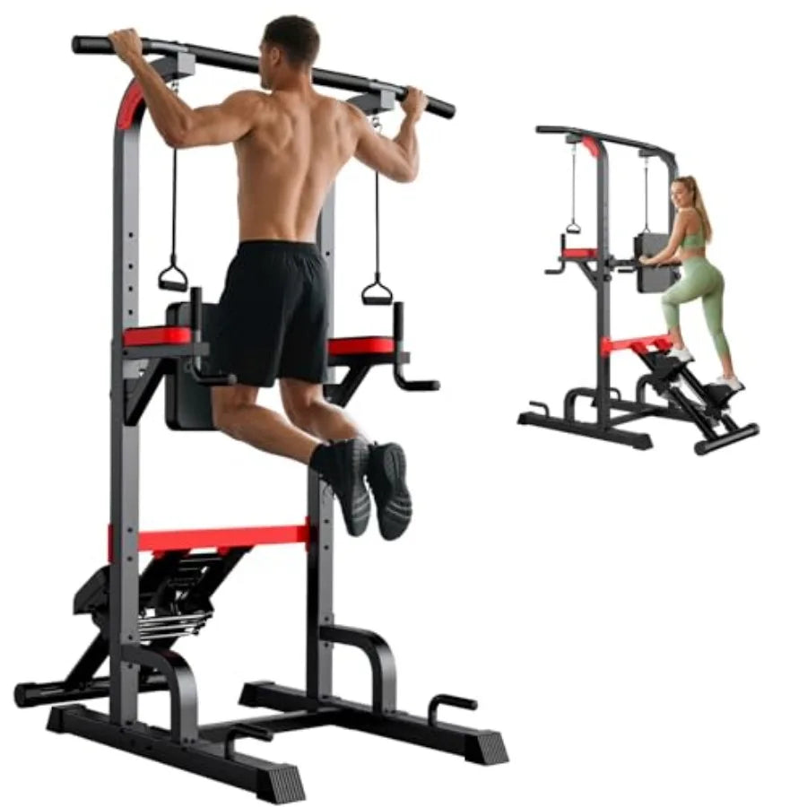 Home gym power tower dip station with H-frame, steel construction, black finish, adjustable height, multi-grip handles, backres