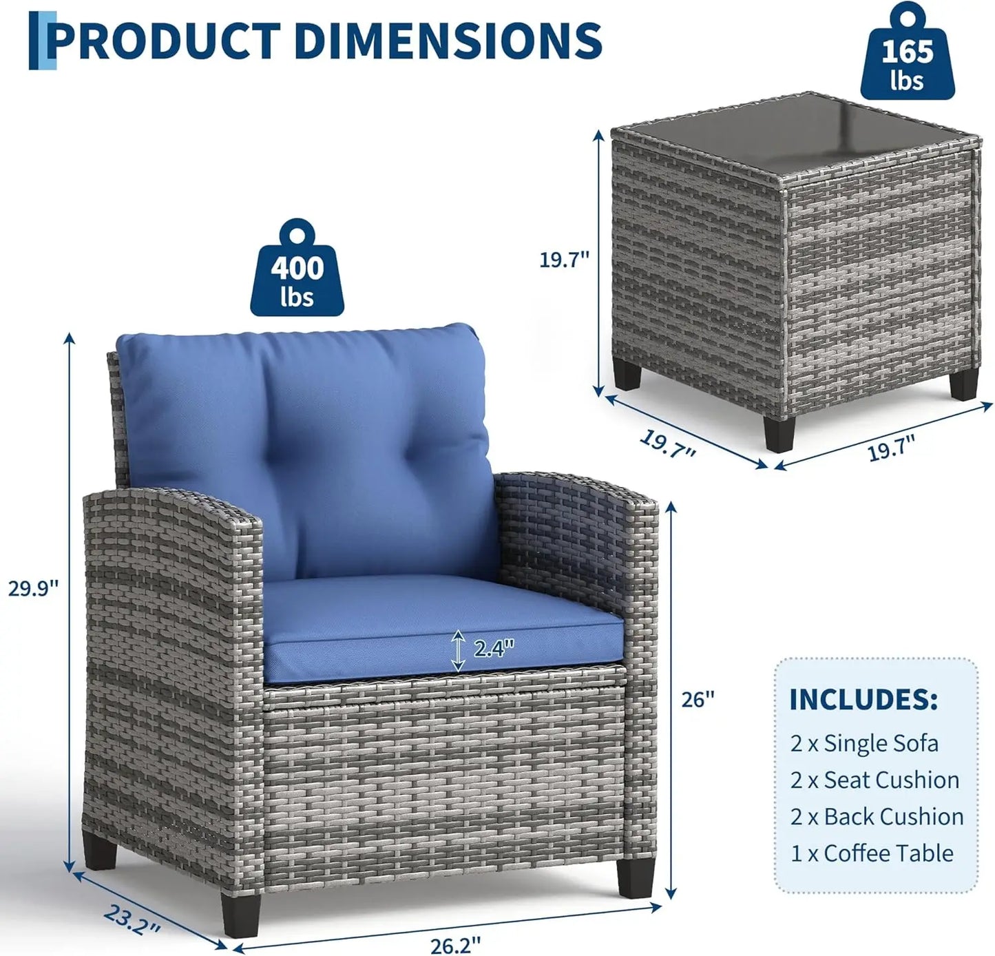 3 Pieces Office Furniture Set for Meeting Relaxation Interview Talking, Outdoor Wicker Rattan Chairs with Side Table, All-Weather Conversation Set with Cushions for Balcony, Porch, Backyard
