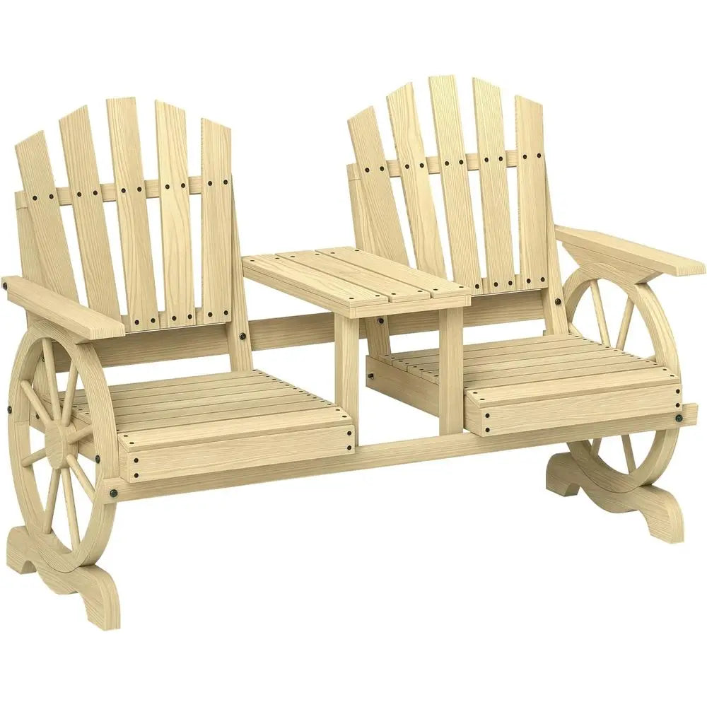 2-Seater Wooden Garden Bench with Table, Umbrella Hole, Wagon Wheel Design, Slatted Seat, High Backrest, Armrests