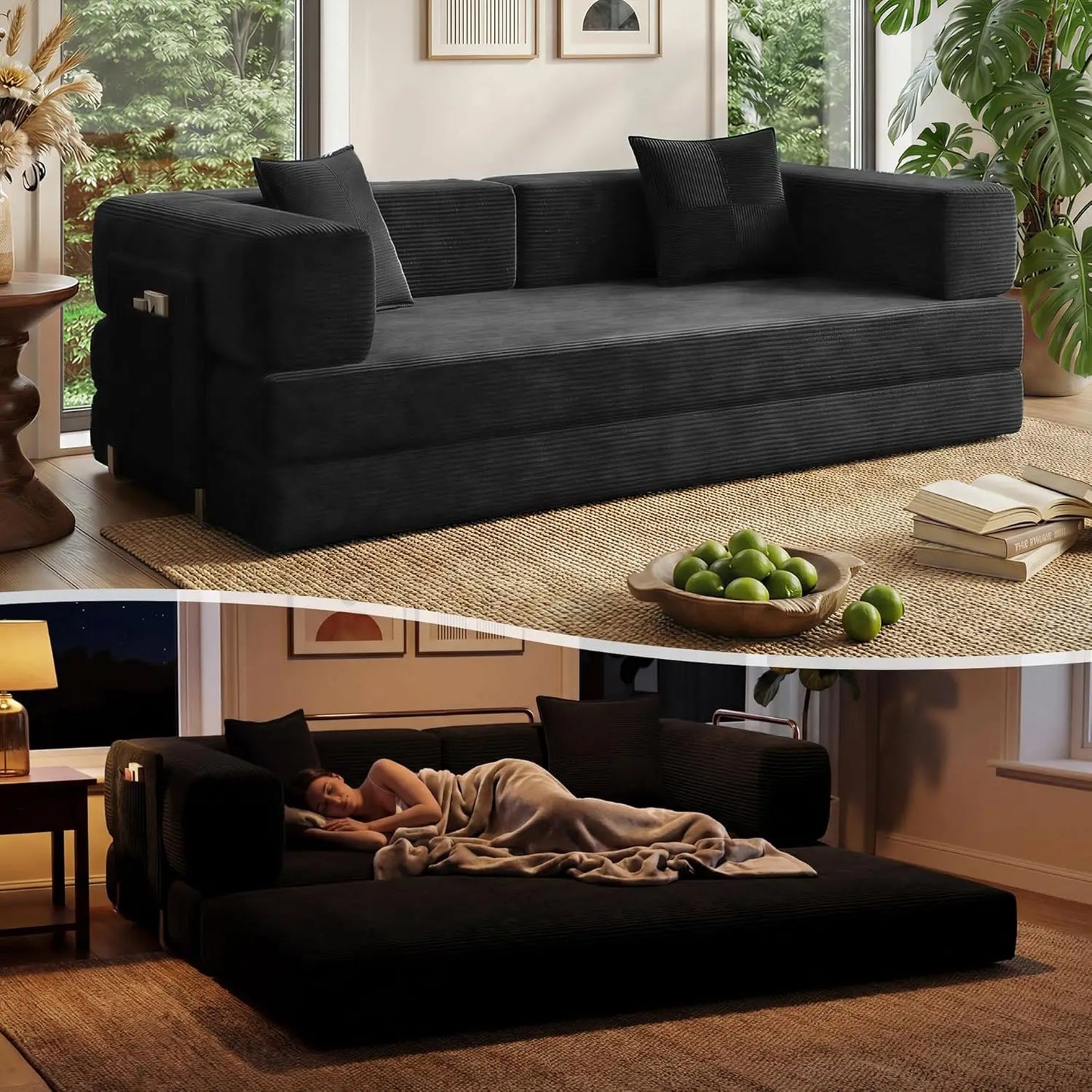 78.8" Convertible Sofa Bed with Armrest Pillow, 4-in-1 Sleeper Couch Bed for Livingroom, Modular Corduroy Boneless, Customized