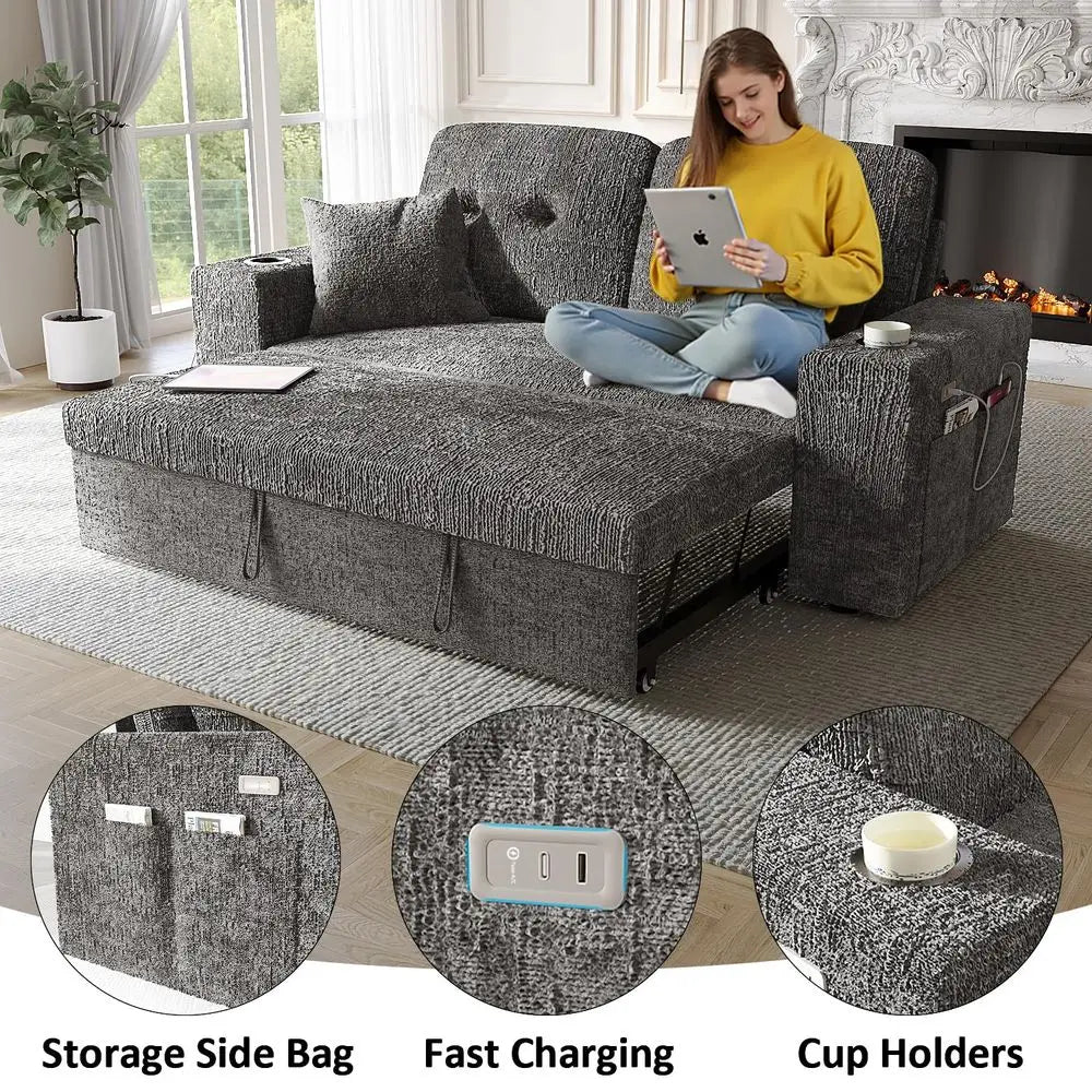 Inch Sleeper Sofa Bed, 3 in 1 Pull Out Couch Bed with Reclining Backrest, Small Loveseat with Wide Armrest USB Charging Side Po