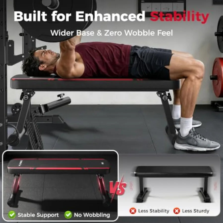 Home gym foldable flat weight bench: steel frame, black, 1000 lbs capacity with dual locking, easy setup compact storage