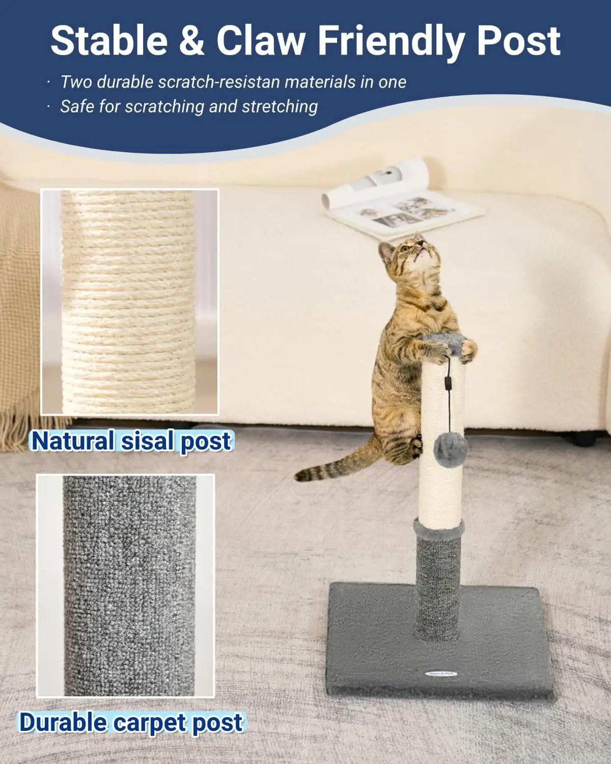 Cat Scratching Post for Indoor Cats, Sisal and Carpet Dual-Surface Scratcher with Replaceable Toy, Light Gray