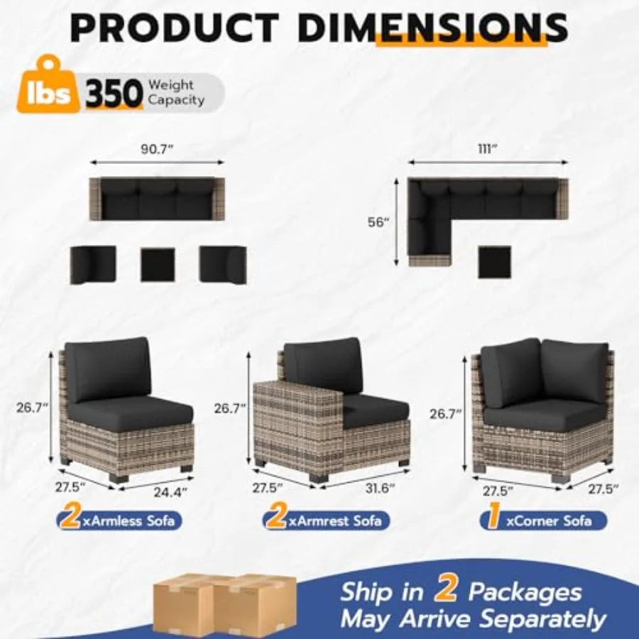 6 Piece Wicker Rattan Patio Sectional Sofa Set with Thick Cushions for Backyard Poolside Garden Wide Armrest Outdoor Furniture