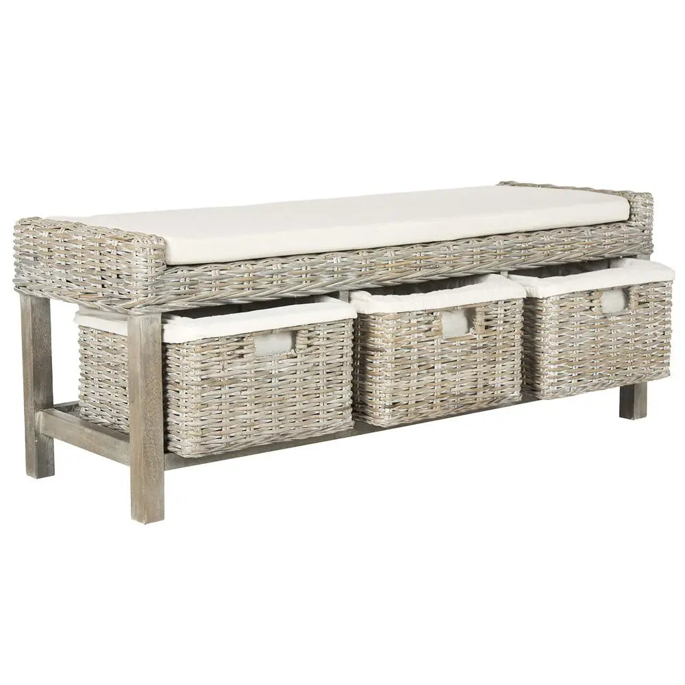 FOX6537A Home Collection Kobutsu Rattan Storage Bench, White Grey Wash