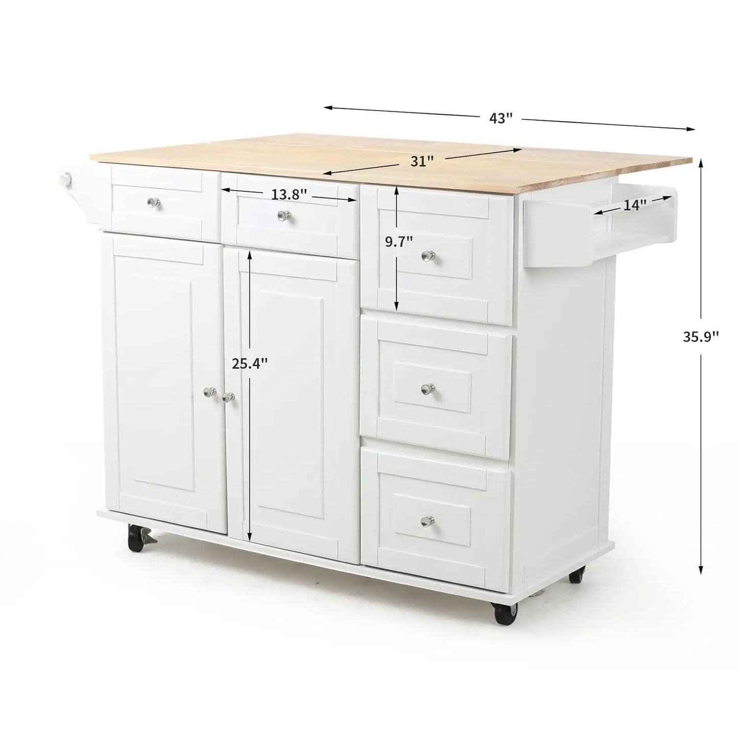 52" Mobile Kitchen Island with Drop Leaf, Rubberwood Top, Spice Rack, Adjustable Shelves, 5 Drawers, Rolling Cart, White, Custom