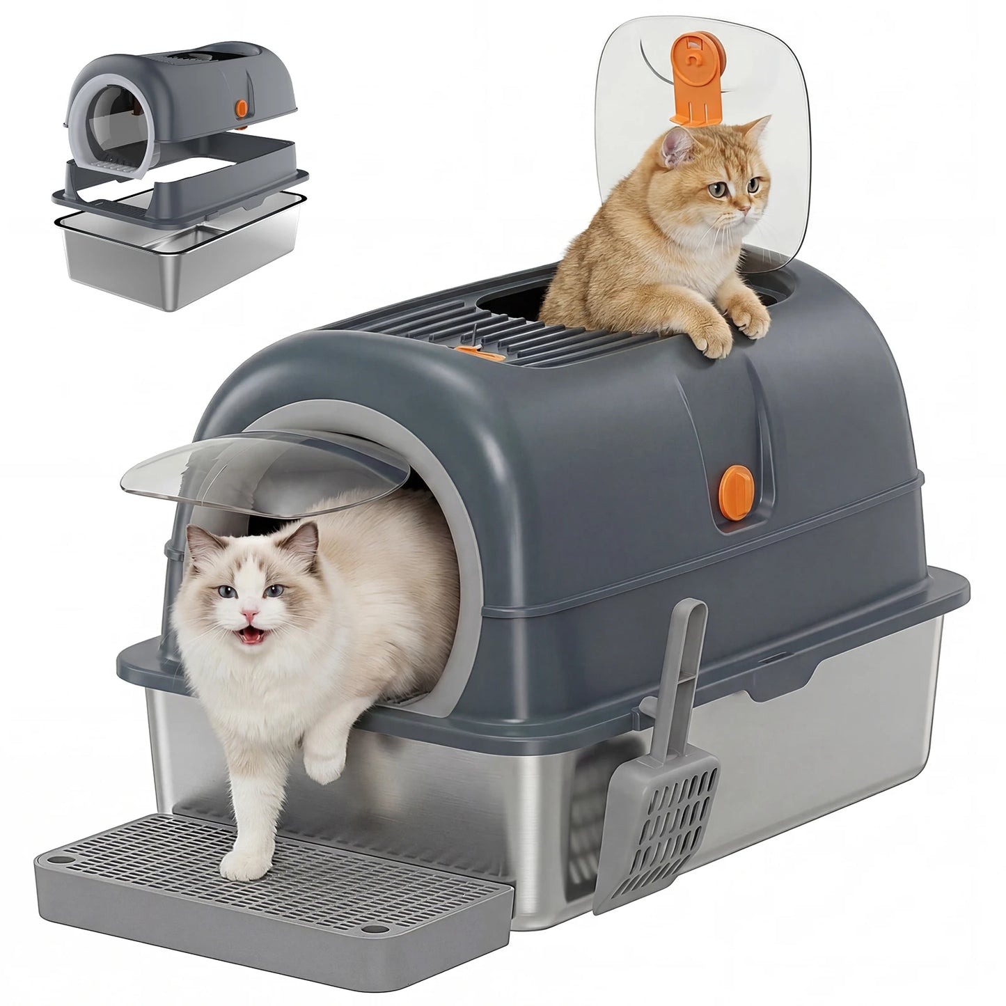 Stainless Steel Fully Enclosed Cat Litter Box With Safe Entry