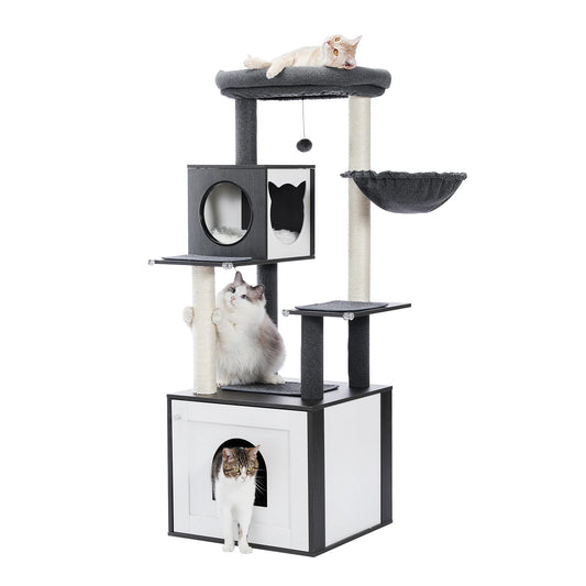 Cat Tree with Litter Box Enclosure Large Wood Cat Tower with Storage Cabinet and Cozy Cat Condo Sisal Covered Scratching Post
