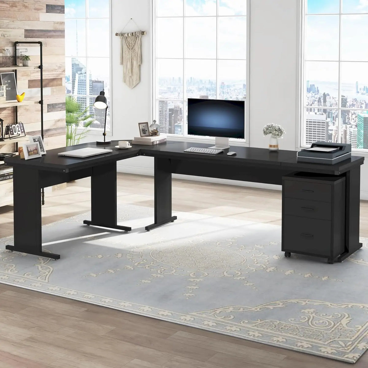 L Shaped Executive Desk with 3 Drawer File Cabinet Industrial Corner Computer Workstation for Home Office Black