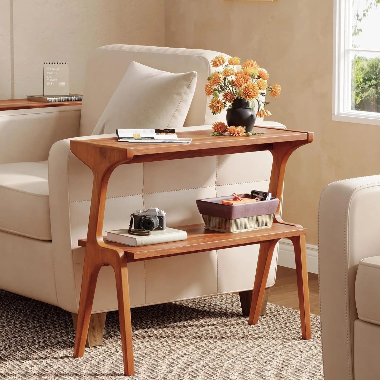 Solid Wood 2-Tier End Table with Storage Shelf, Slim Accent Bedside Sofa Side Table for Living Room Bedroom Small Space, Customi
