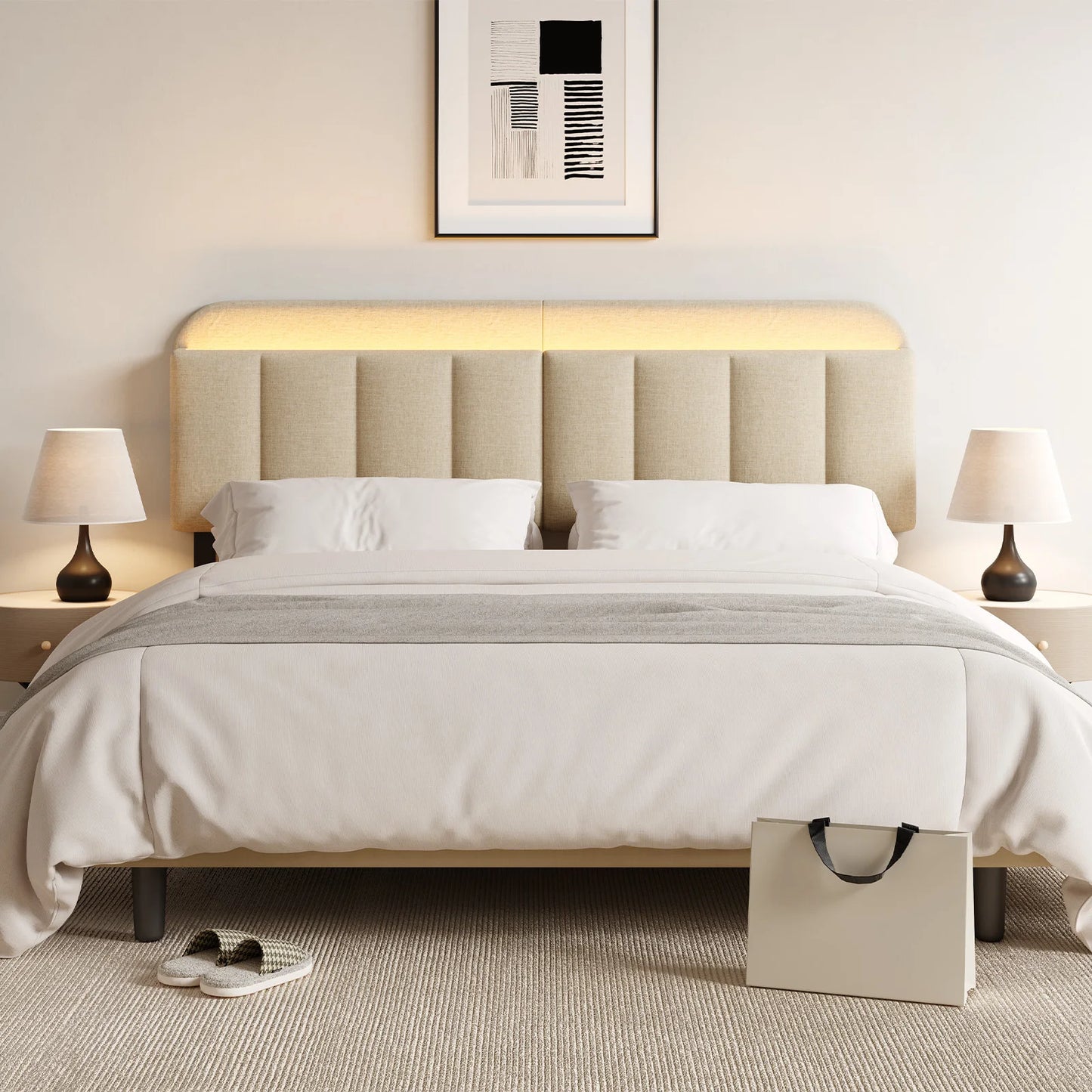 ONBRILL Adjustable Headboard Bed Frame Linen With RGB LED