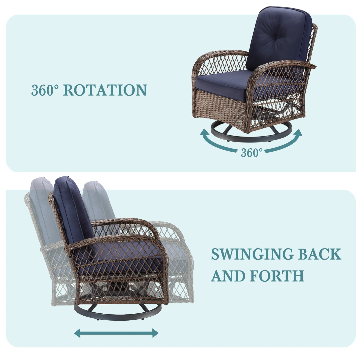 Outdoor 3 Piece Patio Set With Rotating Rocking Cushioned Chairs