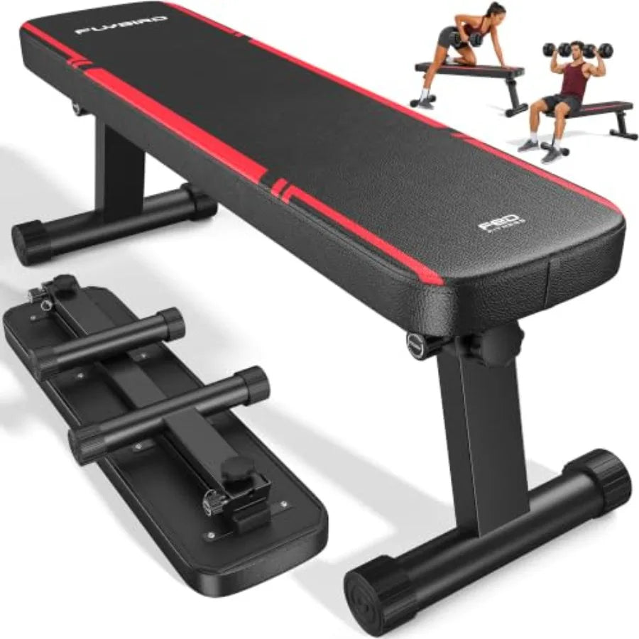 Home gym foldable flat weight bench: steel frame, black, 1000 lbs capacity with dual locking, easy setup compact storage