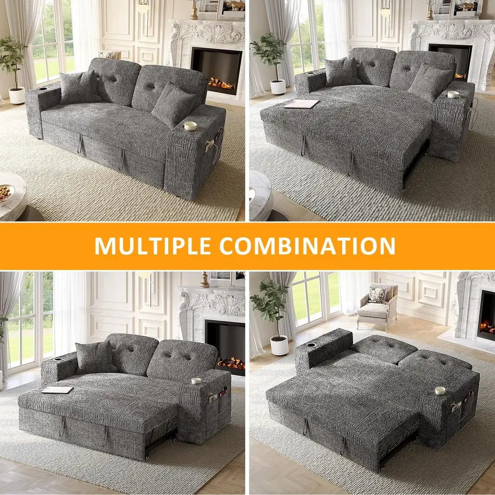 Inch Sleeper Sofa Bed, 3 in 1 Pull Out Couch Bed with Reclining Backrest, Small Loveseat with Wide Armrest USB Charging Side Po