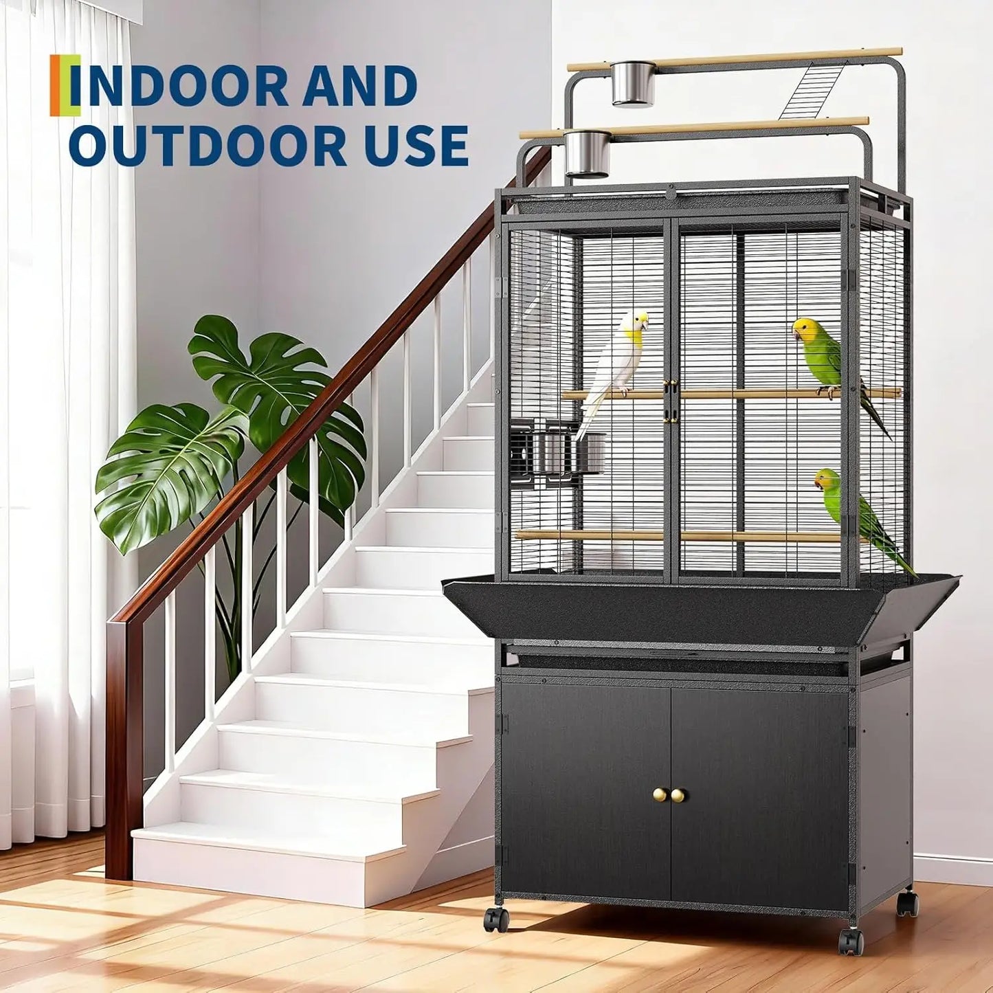 HiMISS Large Rolling Bird Cage With Play Top Cabinet