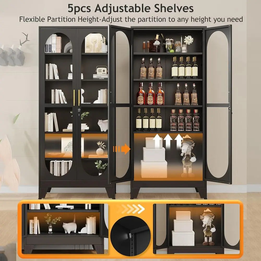 75 Tall Glass Door Metal Display Cabinet with 5 Adjustable Shelves for Living Room, Wine, Clinic, Home - Assembly Required