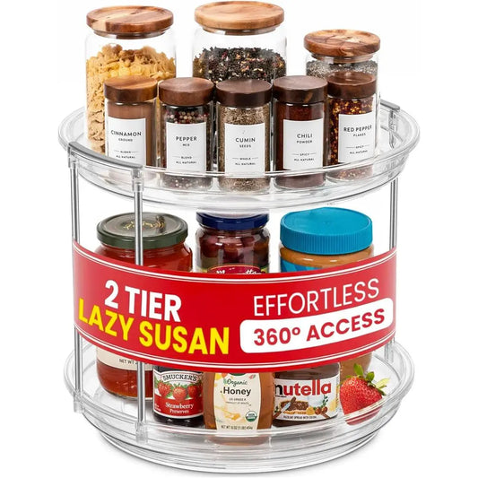 2 Tier Lazy Susan Organizer or Cabinet, Clear Acrylic Rotating Spice Rack Turntable for Kitchen, Pantry, Countertop, Bathroom, V