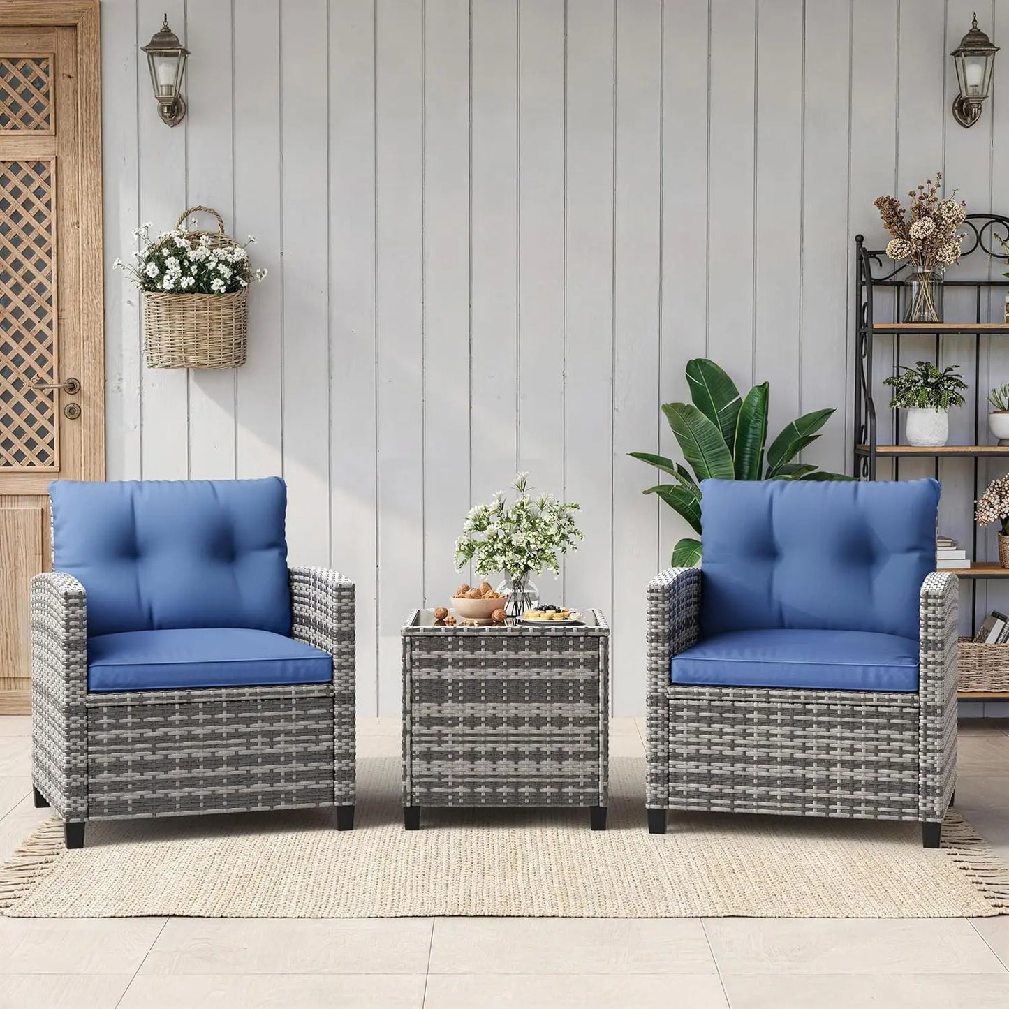 3 Pieces Office Furniture Set for Meeting Relaxation Interview Talking, Outdoor Wicker Rattan Chairs with Side Table, All-Weather Conversation Set with Cushions for Balcony, Porch, Backyard