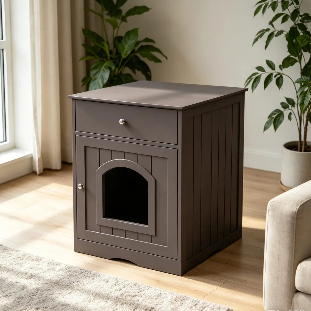 Wooden Pet House Cat Litter Box Enclosure with Drawer, Side Table, Indoor Pet Crate, Cat Home Nightstand (Brown) Pet Products