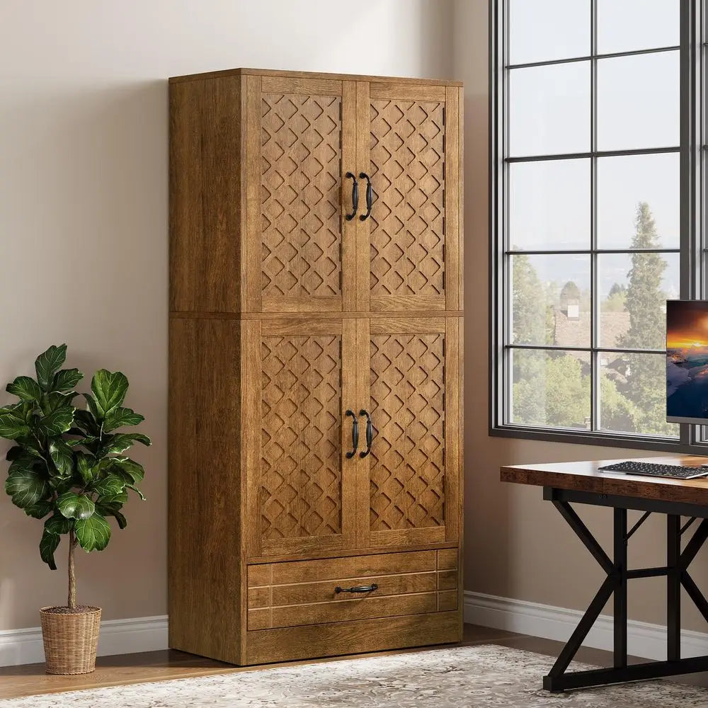 70 Inches Bookshelf and Bookcase with Door, Wooden Farmhosue Tall Storage Cabinet with Drawer, Retro Enclosed Library Book Shel