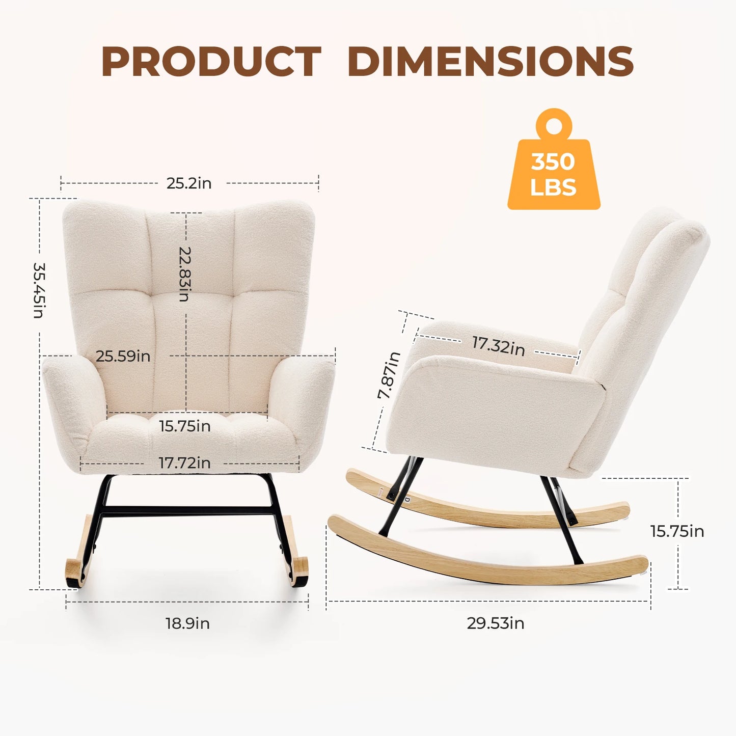 JHK Teddy Upholstered Saucer Rocking Chair with High Backrest Armchair Padded Seat Metal Frame Reading Chair for Living Room