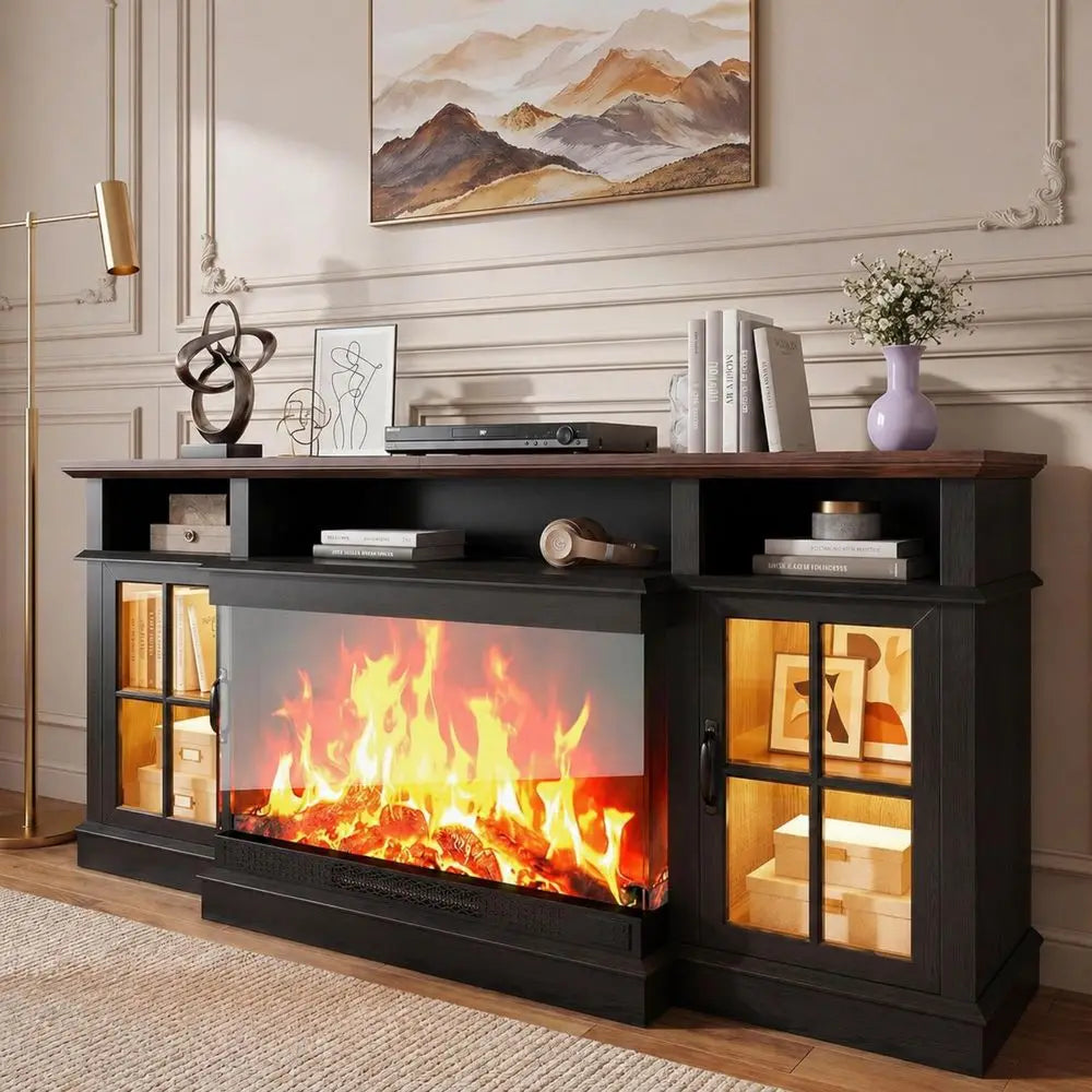 Fireplace TV Stand, 3 Sided Glass Modern Entertainment Center for TVs Up to 80, TV Console with Storage Cabinets, Media Console