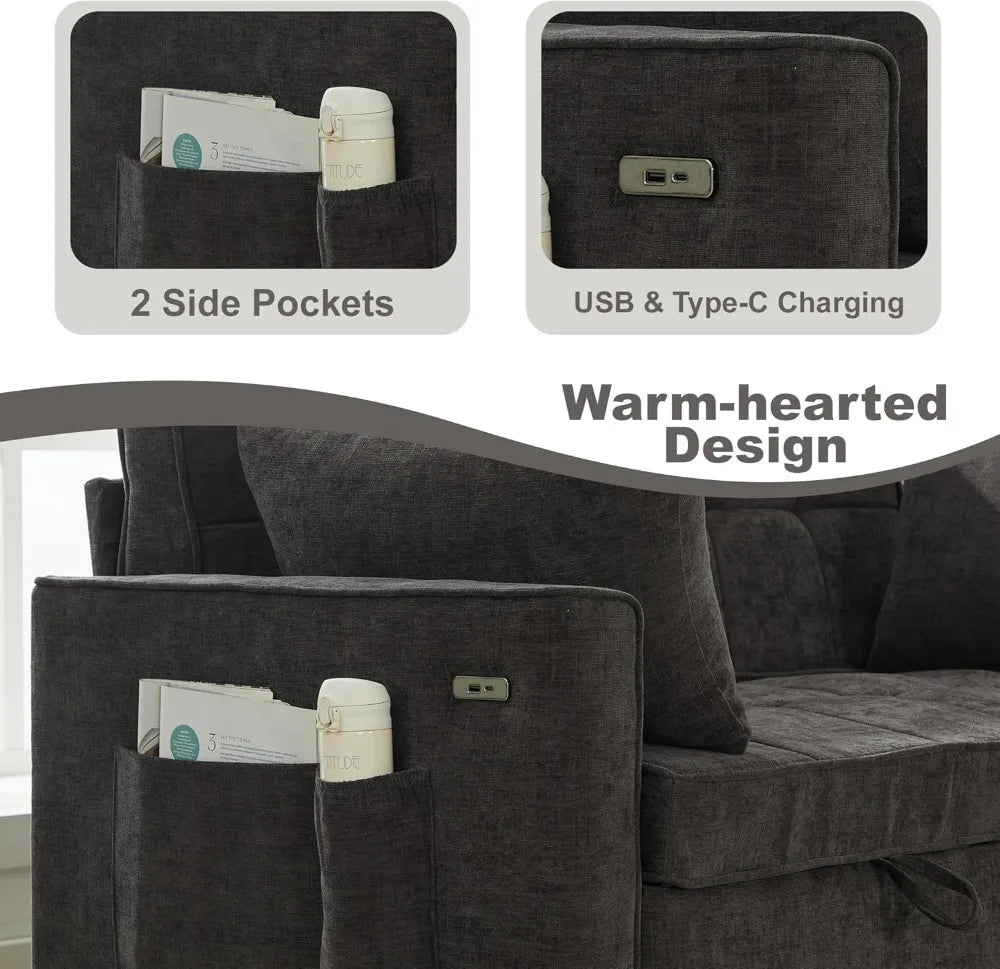 Convertible Sofa Bed With USB Charging And Adjustable Backrest