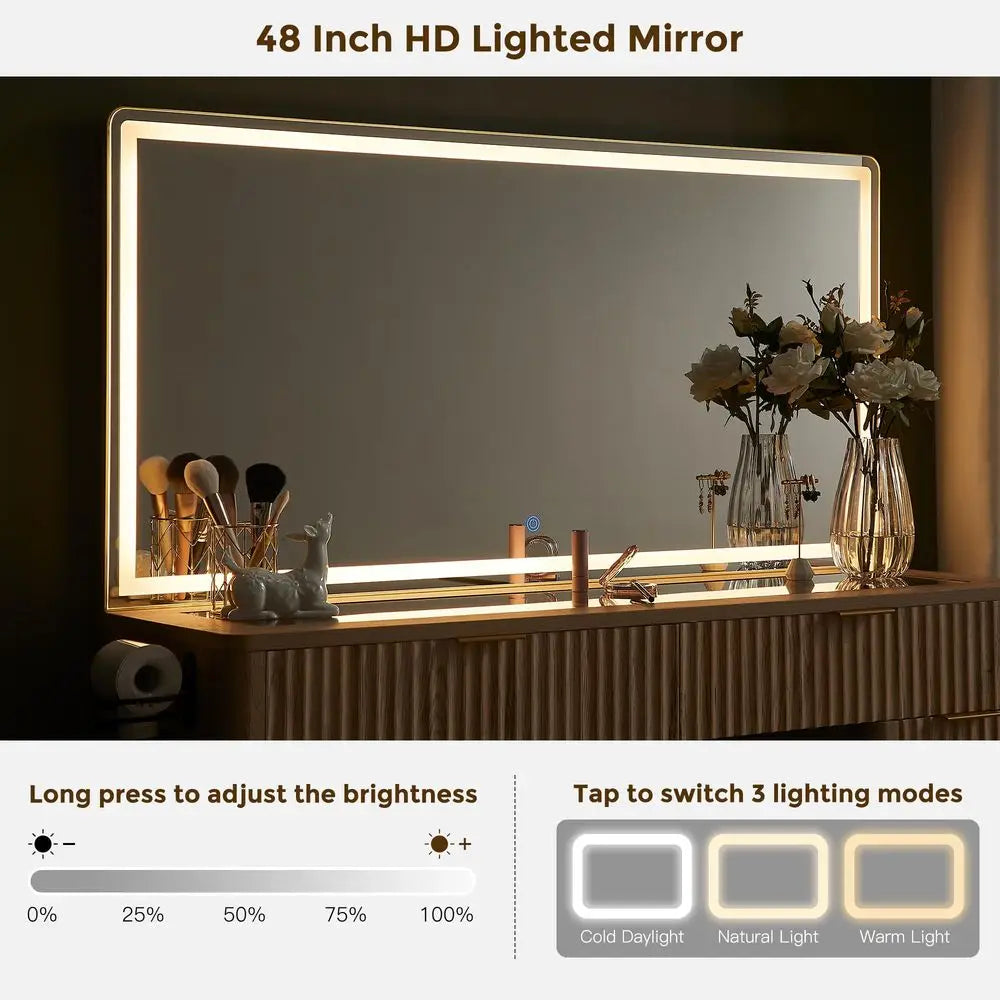 48 Fluted Makeup Vanity Desk with Large Led Lighted Mirror, Modern Vanity Table with 8 Drawers amp Charging Station, Glass Top