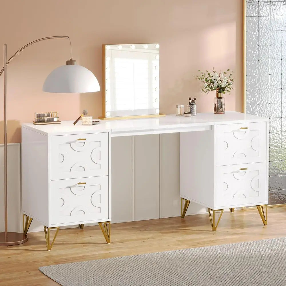 59Inch Makeup Vanity Desk with 4 Drawers, White Dressing Table with Storage, Modern Beauty Table Simple Home Office Computer De