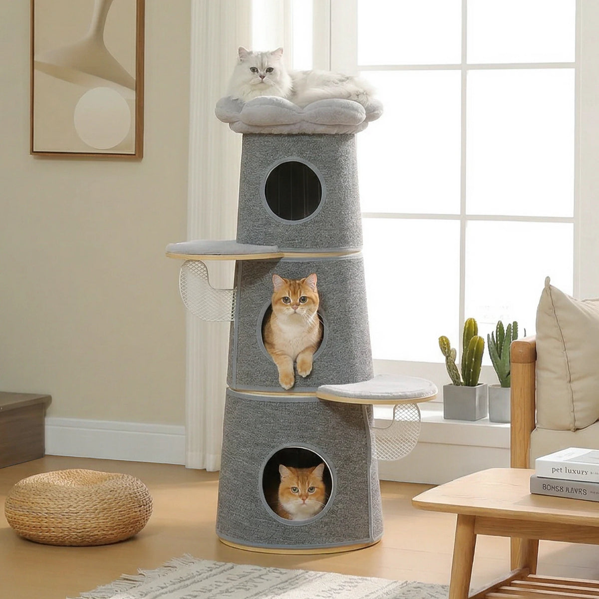 Modern Cat Tree with 3 Large Condos Aesthetic Cat Tower with Flower Perch Metal Frame Full-Wrap Scratching Pad Multi-Level Cat Bed House Wood Cat Furniture for Indoor Cats